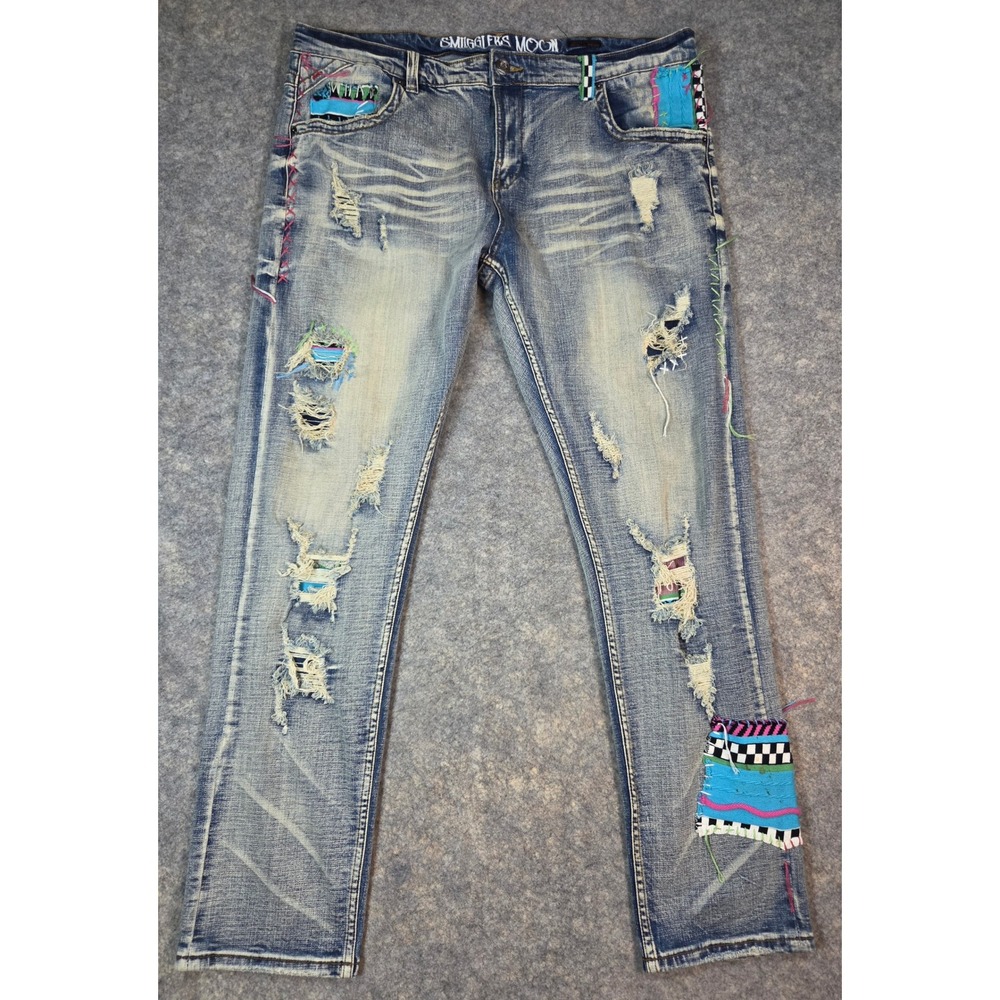 Smugglers Moon Mens Distressed Patchwork Jeans Light Wash Blue 42x33 Streetwear